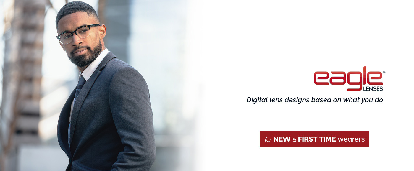 eagle lenses banner for new and first time wearers young african american business man in a suit wearing glasses
